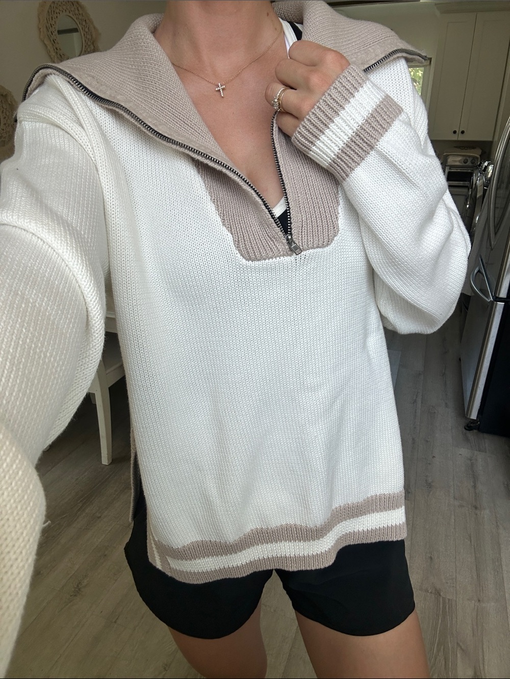ZSUPPLY Cream Zip-Front Sweater with Taupe Contrast Collar